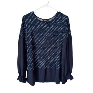 Slim Factor by Investments Navy Blue Mixed Media Geometric Print Blouse Small